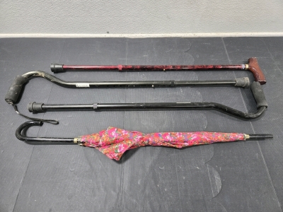 (3) Adjustable Walking Cane w/ Rubber Foot, (1) Floral Umbrella