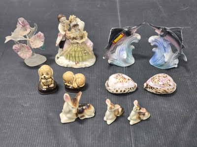 Vintage Collection of Small Porcelain Figurines: Featuring Victorian Couple, Cute Puppies, Hummingbird w/ Flowers, & More!