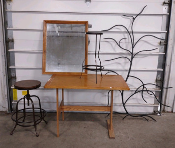 (1) 42"x 27"x 29&frac14;" Wooden Table, (1) 18&frac34;"x 18&frac34;"x 27" Round Metal Wood Top Bar Stool, (1) 27"x 33" Dresser Mirror Top, (1) 52"x 6' Metal Family Tree Hallway Decor