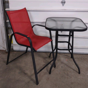 27"x 27" Black Glass Top Patio Table & a Black/Red Patio Chair