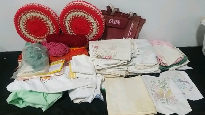 Lots of Fabric, Yarn, Yarn Bag, Blanket and More!