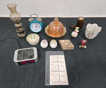 Assorted Vintage Decorative Containers & More! , Imperial Carnival Glass Lustre Rose Marigold Covered Butter Dish 7&frac12;", Vintage Oil Burning Candle w/ Rope Wick, Vintage Postage Labels & More!