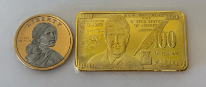 Liberty Sacajawea Dollar Coin Including Donald Trump Hundred Dollar Gold Bar With Belle Of Lincoln Jack Daniel&rsquo;s