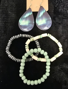 (3) Wood Bohemian Bracelets, Wooden Tear Drop Designed Earrings
