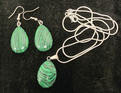 Natural Stone Malachite Teardrop Earrings And .925 Necklace