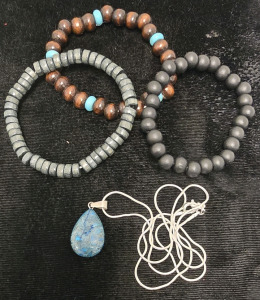 (3) Wood Beaded Bracelets, Natural Stone .925 Necklace