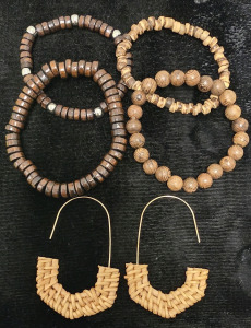 (4) Bohemian Braceletes, Tan Drop Basketweave Earrings