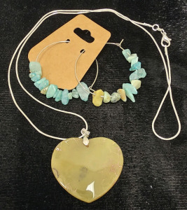 Yellow Dragonvein Agate Heart .925 Necklace, Stone Lined Hoop Earrings