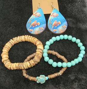 (3) Boho Bead Bracelets, Wooden Teardrop Earrings With Marine Images
