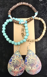 (3) Wood Bead Boho Bracelets, Leather Teardrop Earrings