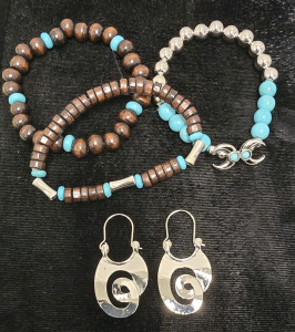 (3) Wood & Turquoise Bracelets And Silver Tone Dangle Earrings