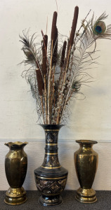 (2) Brass Vases Including Peacock Feathers With Beautiful Vintage Vase