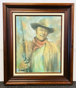 Framed Oil Painting Of John Wayne On Canvas With Soft Blues, Oranges And Yellow Hues By Jon Helland