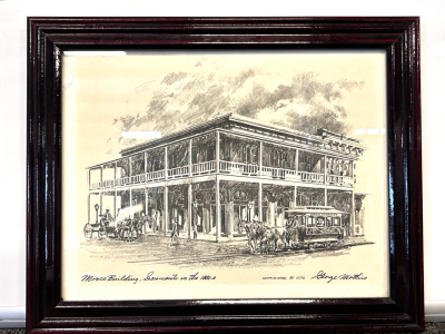 Framed Drawing Or Print Of The Morse Building In Sacramento In The 1880s. Commissioned By KCTC. Drawn By George Mathis.