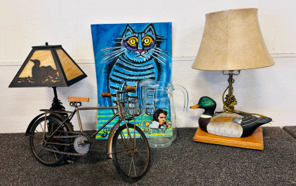 Decorative Lamps Duck Lamps, Bike Decor, Elvis Glass Pitcher And Cat Painting