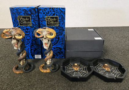 (2) Cobra Wrapped On Skull Taper Candle Holders, (2) Spider Ashtrays
