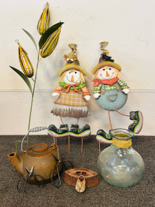 Vintage Kettle, Scissors, Padlock, Iron, Metal Yard Garden Decor, and Glass Jug