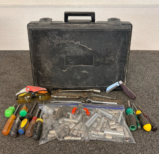 Black Case With Tools Including: Screwdrivers, Wrenches, Safety Glasses, Bags of Sockets, and More