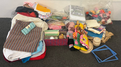 Sewing Lot Including Cloth, Yarn, Stencils & More