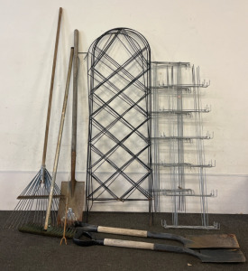 Metal Garden Obelisk For Vines, Other Metal Gardening Supports, Shovels, Rake, Hand Til Hoe & Sprinkler Control Pole