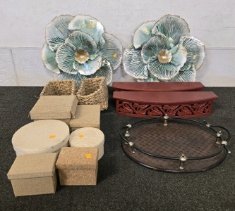 (2) Large Metal Flower Wall Decor, (6) Fabric Boxes, (2) Red Decorative Wall Shelves, Serving Tray & More