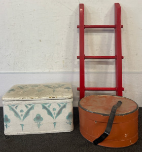 Vintage Hat Box, Vintage Storage Box, Red Decorative Ladder