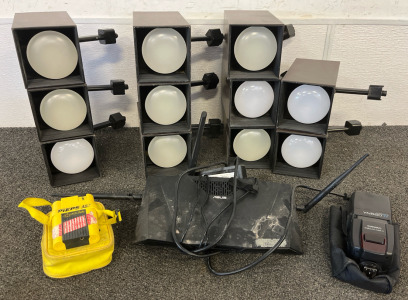 (11) Outdoor Mountable Spotlights, ASUS Router, Yongnuo YN560 IV Speedlite, Avalanche Transceiver