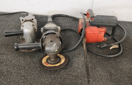 Milwaukee 7" Polisher, Black & Decker 7" Super Duty Industrial Grinder, And A Chainsaw For Parts.