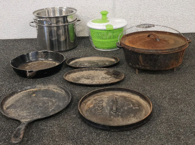 Cast Iron Lot- Including Salad Spinner, And Silit 4-Piece Steamer