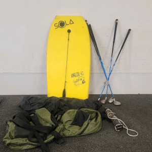 Solar Angler 42 Water Board, Water Smoker Cover, (4) TopGolf 3H Golf Clubs, Elk Call, And More.