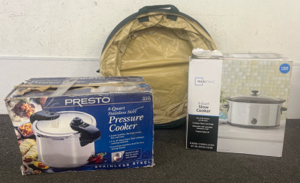 Presto 8 Qt Stainless Steel Pressure Cooker, Mainstays 6 Qt Slow Cooker, Waterproof Polyester & Nylon Collapsable Trashcan