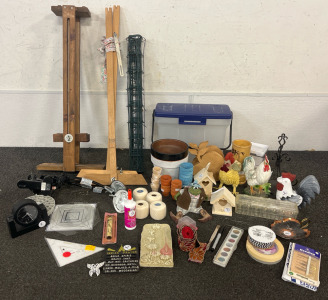 Craft & Household Items Including Wooden Easel, Wood Birdhouses, Flower Pots, Candlewick Yarn, Lamps & More