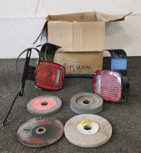 Box Of Various Sized Grinders And A Set of Car Lights.