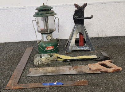 Coleman Lantern, Goodwrench Jack, Hand Saw, A Tote Filled With Tools, Parts, And More!