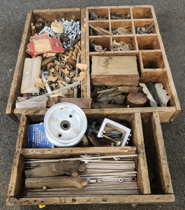 (3) Wooden Boxes Filled With Tools And More.