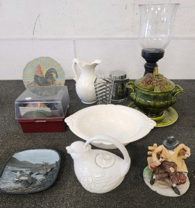Vintage California Pottery 4 Pc Soup Tureen, Vintage Bird Teapot, Pitcher, CDs, And More