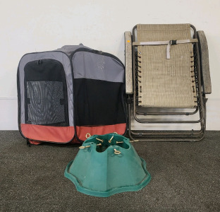 Portable Pet Playpen, Sun Bathing Chair, And A Christmas Tree Stand