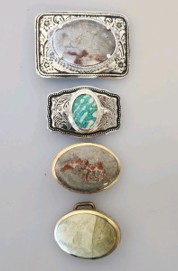 (4) Stone Belt Buckles- Agate In Silver Tone, Amazonite In Silver Tone, Coprolite In Brass, Willowcreek Jasper (Idaho) Brass