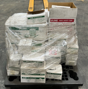 Pallet of Assorted ULINE Products Including: Strapping Protectors, Vinyl Safety Tape, & Steel Strapping Seals