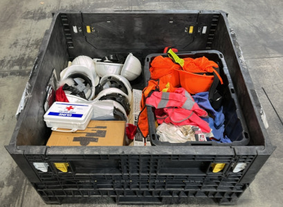 Pallet of Assorted Hard Hats, High Visibility Vests, & First Aid Kits