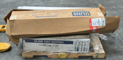 Pallet of ULINE S-792 Edge Protectors, ULINE S-11445 Econo-Wrapper, & ULINE S-11180 Poly Sheeting