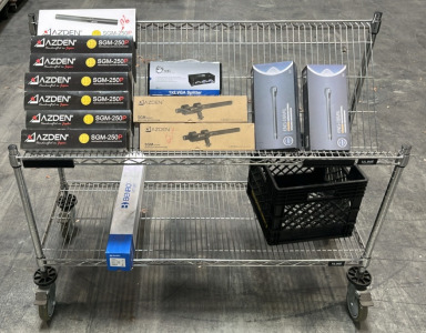 (1) Two Tier Rolling Metal Shelf 18&rdquo;x4&rsquo;x40&rdquo;(7) Aiden SGM-250P Shotgun Microphones (2) Senal ENG-18R/RL Dynamic Microphone & More
