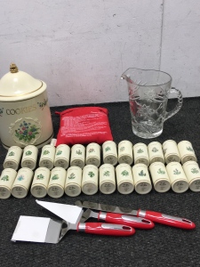 (24) Spice Jar Set, Matching Cookie Jar, Glass Pitcher, Potato Express