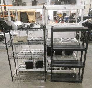 (4) Shelf Racks-(1) Medium Steel Wire Rack 36x14x55, (1) Medium Plastic Shelf Rack 32x13x54, and (2) Large Plastic Shelf Racks 36x24x72