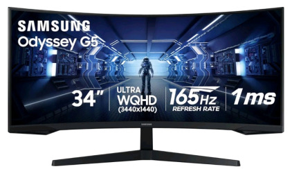 (1) Samsung 34' Odyssey G5 Ultra-Wide Gaming Monitor with 1000R Curved Screen, 165Hz, 1ms, FreeSync Premium, Large Display, Eye Comfort, Multiple Ports, WQHD