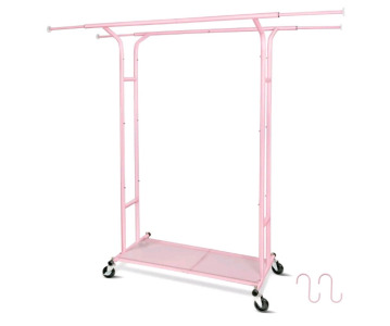 (1) Fishat - Pink, Heavy Duty Double Rod, Rolling Garment Rack