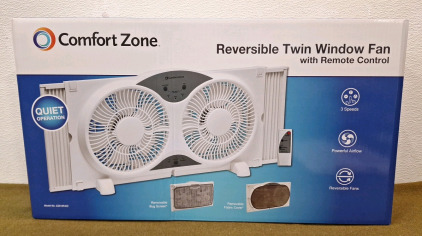 (1) Comfort Zone, Reversible Twin Window Fan W/ Remote & Bug Screen