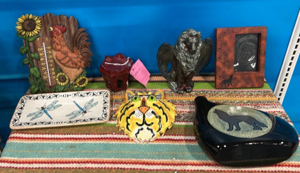 (1) Ceramic Chicken & Sunflower Thermometer (1) Wolf Picture Frame & An Assortment of Finished Ceramic Pieces