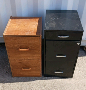 (2) Filing Cabinets - (1) Wood Finish Cabinet 15&frac34;"x18&frac12;"x27&frac34;" (1) Black Metal Cabinet w/ Key 14⅝"x18"x27&frac12;"
