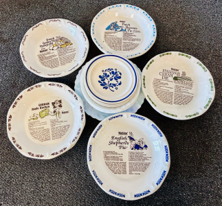 (5) Vintage Watkins Bowls With Recipes and (12) Plates